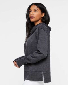 LAT 3536 Women’s Vintage Wash Hoodie Sweatshirt – Washed Black (on model side)