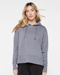LAT 3536 Women’s Vintage Wash Hoodie Sweatshirt – Washed Grey (on model)