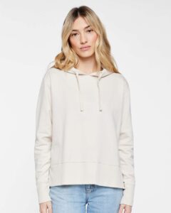 LAT 3536 Women’s Vintage Wash Hoodie Sweatshirt – Washed Natural (on model)