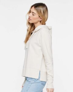 LAT 3536 Women’s Vintage Wash Hoodie Sweatshirt – Washed Natural (on model side)