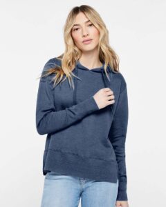 LAT 3536 Women’s Vintage Wash Hoodie Sweatshirt – Washed Navy (on model)