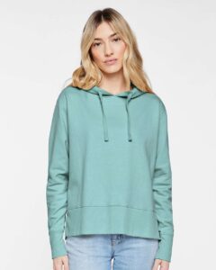 LAT 3536 Women’s Vintage Wash Hoodie Sweatshirt – Washed Saltwater (on model)