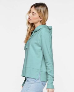 LAT 3536 Women’s Vintage Wash Hoodie Sweatshirt – Washed Saltwater (on model side)