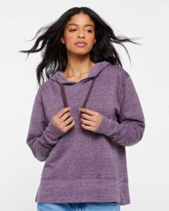 LAT 3536 Women’s Vintage Wash Hoodie Sweatshirt – Weathered Plum (on model)