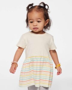 Rabbit Skins 5330 Infant Fine Jersey Dress – Natural/ Sunkissed Stripe (on model)