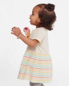 Rabbit Skins 5330 Infant Fine Jersey Dress – Natural/ Sunkissed Stripe (on model side)