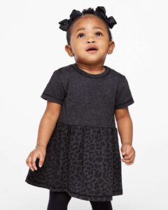 Rabbit Skins 5330 Infant Fine Jersey Dress – Vintage Smoke/ Black Leopard (on model)
