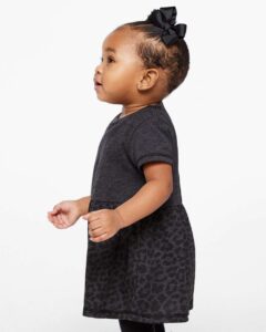 Rabbit Skins 5330 Infant Fine Jersey Dress – Vintage Smoke/ Black Leopard (on model side)