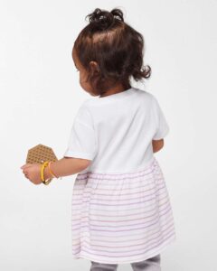Rabbit Skins 5330 Infant Fine Jersey Dress – White/ Lilac Stripe (on model back)