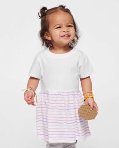 Rabbit Skins 5330 Infant Fine Jersey Dress – White/ Lilac Stripe (on model)