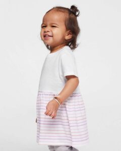 Rabbit Skins 5330 Infant Fine Jersey Dress – White/ Lilac Stripe (on model side)