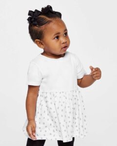 Rabbit Skins 5330 Infant Fine Jersey Dress – White/ White Spot (on model)