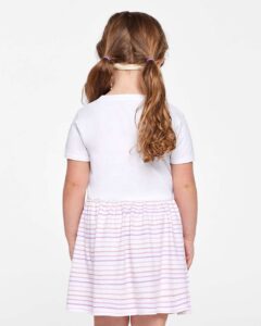 Rabbit Skins 5333 Toddler Fine Jersey Dress – White/ Lilac Stripe (on model back)