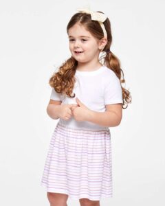 Rabbit Skins 5333 Toddler Fine Jersey Dress – White/ Lilac Stripe (on model)