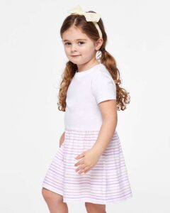 Rabbit Skins 5333 Toddler Fine Jersey Dress – White/ Lilac Stripe (on model side)