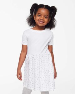 Rabbit Skins 5333 Toddler Fine Jersey Dress – White/ White Spot (on model)