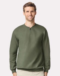 Gildan SF008 Unisex Softstyle® Midweight Quarter-Zip Sweatshirt – Military Green (on model)