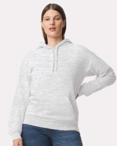 Gildan SF500 Unisex Softstyle® Midweight Hooded Sweatshirt – Ash (on model)