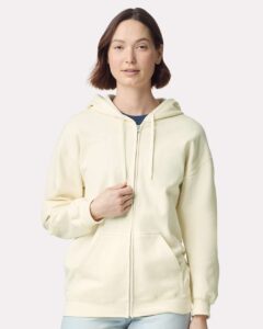 Gildan SF600 Unisex Softstyle® Midweight Full-Zip Hooded Sweatshirt – Off White (on model)