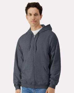 Gildan SF600 Unisex Softstyle® Midweight Full-Zip Hooded Sweatshirt – Dark Heather (on model)