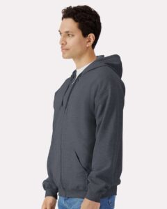 Gildan SF600 Unisex Softstyle® Midweight Full-Zip Hooded Sweatshirt – Dark Heather (on model side)