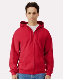 Gildan SF600 Unisex Softstyle® Midweight Full-Zip Hooded Sweatshirt – Red (on model)