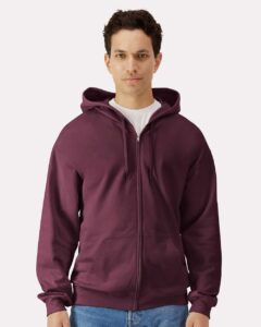 Gildan SF600 Unisex Softstyle® Midweight Full-Zip Hooded Sweatshirt – Maroon (on model)