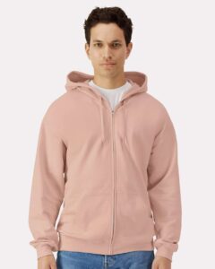 Gildan SF600 Unisex Softstyle® Midweight Full-Zip Hooded Sweatshirt – Dusty Rose (on model)