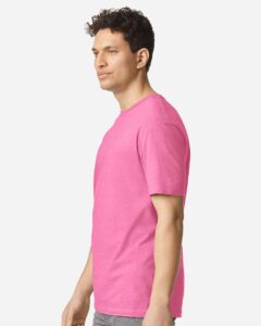 Gildan 3000 Unisex Light Cotton T-Shirt – Azalea (on model side)