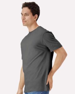 Gildan 3000 Unisex Light Cotton T-Shirt – Charcoal (on model side)