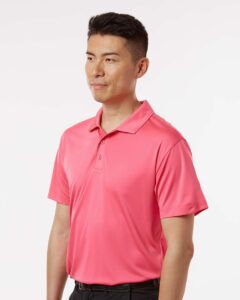 AllPro 41800 Men’s Pro-Lock Performance Polo – Bright Pink (on model side)
