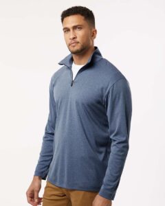 AllPro 41870 Men’s Pro-Lock Performance Quarter-Zip Pullover – Heather Navy (on model side)