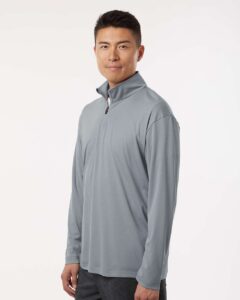 AllPro 41870 Men’s Pro-Lock Performance Quarter-Zip Pullover – Heather Steel (on model side)