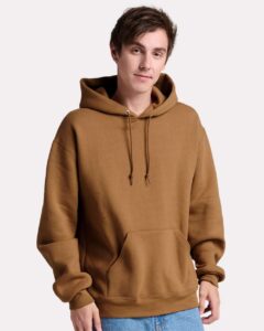 JERZEES H12MR Unisex Rugged Hooded Sweatshirt – Golden Pecan (on model)