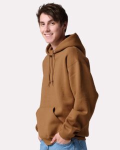 JERZEES H12MR Unisex Rugged Hooded Sweatshirt – Golden Pecan (on model side)