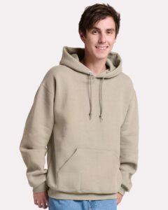 JERZEES H12MR Unisex Rugged Hooded Sweatshirt – Putty (on model)