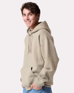 JERZEES H12MR Unisex Rugged Hooded Sweatshirt – Putty (on model side)
