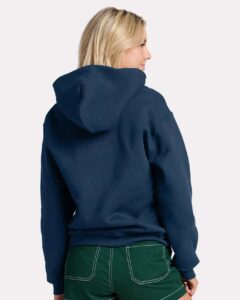 JERZEES H12MR Unisex Rugged Hooded Sweatshirt – Washed Navy (on model back)