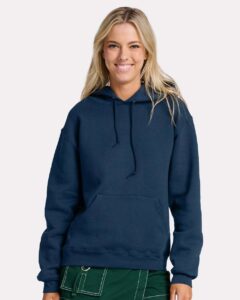 JERZEES H12MR Unisex Rugged Hooded Sweatshirt – Washed Navy (on model)