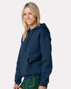 JERZEES H12MR Unisex Rugged Hooded Sweatshirt – Washed Navy (on model side)