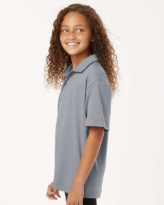 AllPro 41800Y Youth Pro-Lock Performance Polo – Heather Steel (on model side)