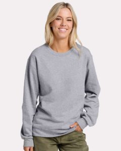 JERZEES IC48MR Unisex Ultimate CVC Crewneck Sweatshirt – Athletic Heather (on model)