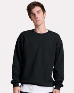 JERZEES IC48MR Unisex Ultimate CVC Crewneck Sweatshirt – Black Ink (on model)