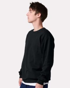JERZEES IC48MR Unisex Ultimate CVC Crewneck Sweatshirt – Black Ink (on model side)
