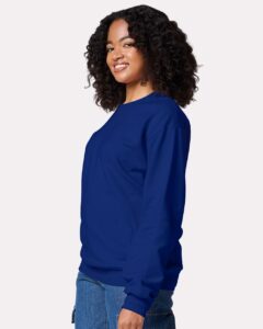 JERZEES IC48MR Unisex Ultimate CVC Crewneck Sweatshirt – Orchid (on model side)