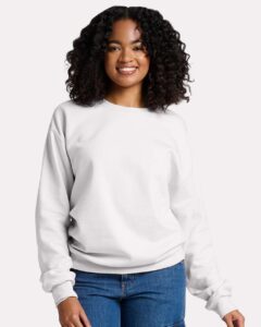 JERZEES IC48MR Unisex Ultimate CVC Crewneck Sweatshirt – White (on model)