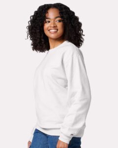 JERZEES IC48MR Unisex Ultimate CVC Crewneck Sweatshirt – White (on model side)