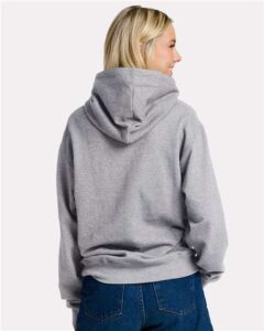 JERZEES IC49MR Unisex Ultimate CVC Hooded Sweatshirt – Athletic Heather (on model back)