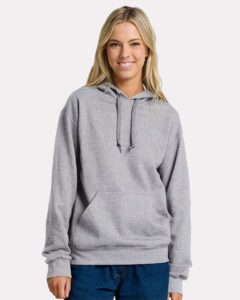 JERZEES IC49MR Unisex Ultimate CVC Hooded Sweatshirt – Athletic Heather (on model)