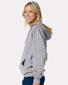 JERZEES IC49MR Unisex Ultimate CVC Hooded Sweatshirt – Athletic Heather (on model side)